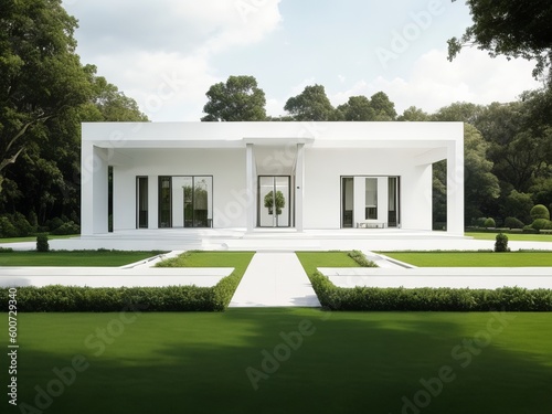 View of a contemporary, attractive home's exterior showing a grassy area and wide windows. Generative AI. © Happy Hues