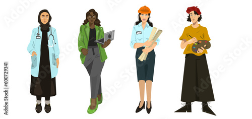 Set of confident diverse nationality women. Young woman different nations and jobs. Various profession of people. Successful employees in different uniforms type of activity. Vector illustration