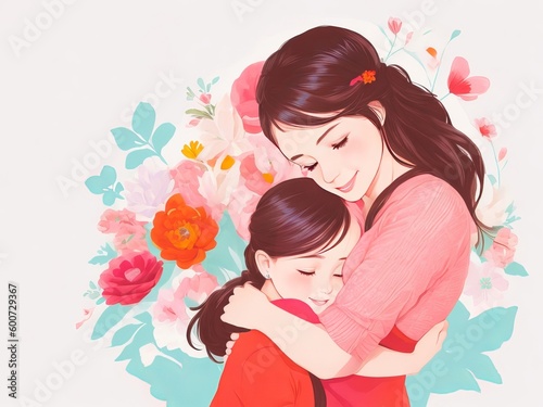 Illustration of a mother and daughter cuddling one other during Mother's Day. Generative AI