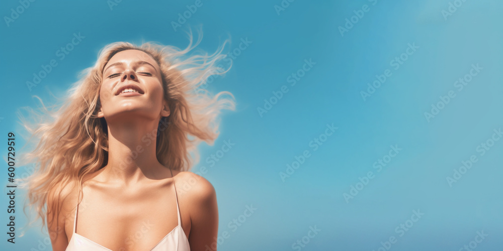 Summer offer banner with attractive woman wearing summer clothing. Isolated on solid color background.