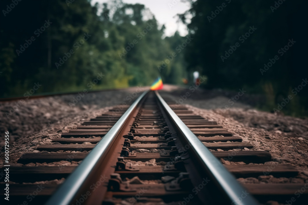 Fototapeta premium Pride flag on a train track, pride, background Generative AI
