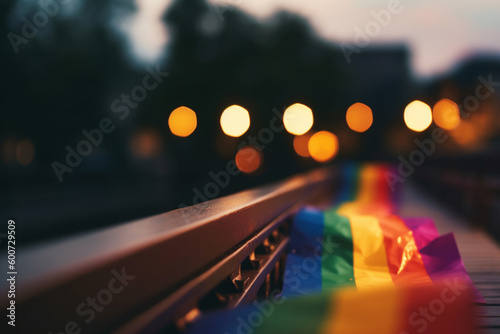 Pride flag on a bridge, pride, background, bokeh Generative AI