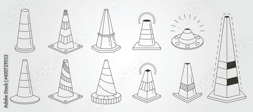set of road traffic cone vector logo line art symbol illustration design, minimal striped plastic cone vector design