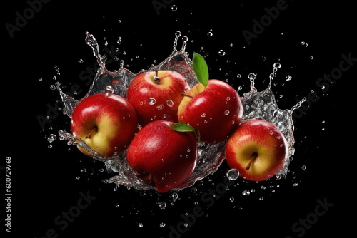 Apples, leaves and splashes of water on a black background. AI generative.