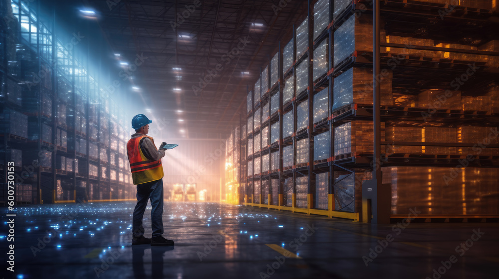 Rear view of a warehouse worker checking the goods. Generative AI Rear view of a warehouse worker checking the goods. Generative AI