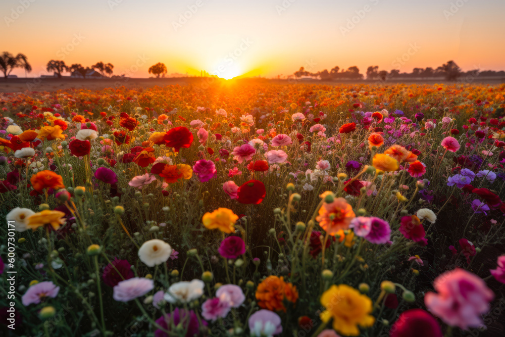 Fototapeta premium sunset on a sunny summer flower meadow generative ai