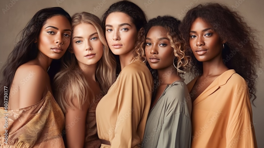 A diverse group of beautiful women with natural beauty and glowing smooth  skin. Portrait of many attractive female fashion models with great skincare  of all races, tones and style, Generative AI Stock