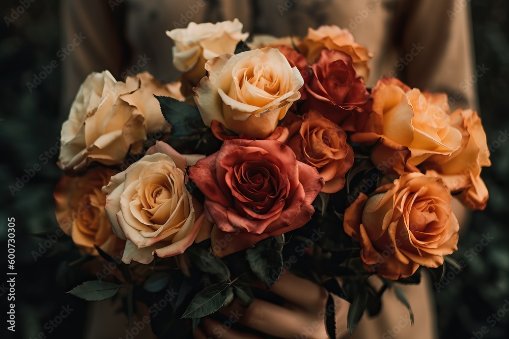 Close up shot of a person with a flower bouquet, generative ai Close up shot of a person with a flower bouquet, generative ai