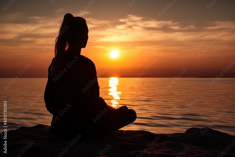Woman at sunrise in the yoga lotus position by the sea, generative ai