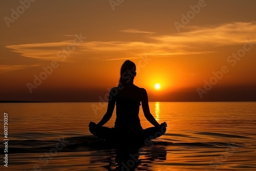 Woman at sunrise in the yoga lotus position by the sea, generative ai © FrankBoston