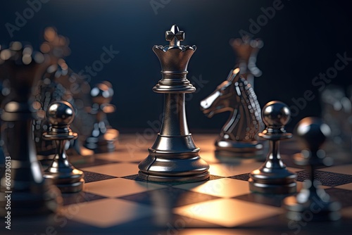 Chess Art on Chess Board. Chess Pieces, King, and Strategy for Board Game. Generative AI illustrations. 