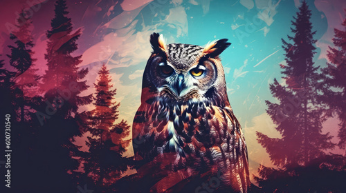 Illustration of an owl in the forest by generative AI