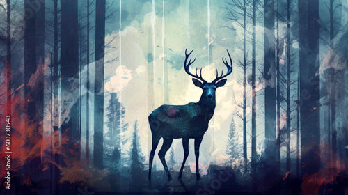 Fotografiet Illustration of a deer in a forest fire by generative AI
