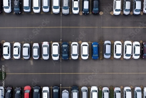 tight coloured car rows on parking area vertical upper view, ai generative