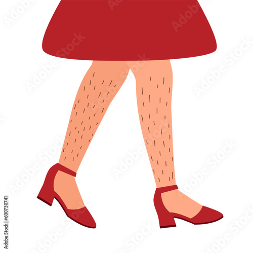Female unshaved hairy legs in red high heels flat design on white background.