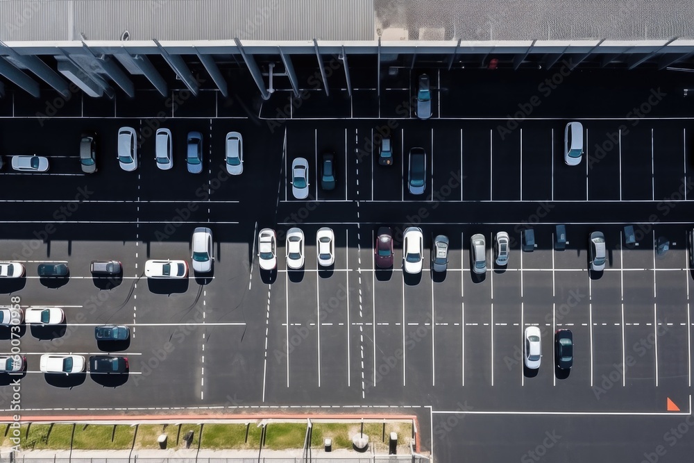 tight coloured car rows on parking area vertical upper view, ai generative