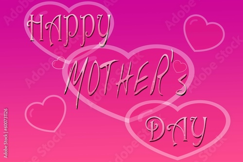 Happy mothers day text in hearts with pink purple gradient background for international mother's day. mother's day card, gift, greeting, template, advertisement, for wishes all women, mothers of world