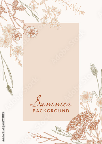 Hand drawn summer wildflowers design. Vector illustration in sketch style. Meadow flowers aesthetic background
