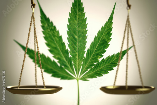 green marijuana leaf on scales, cannabis legalization generative ai photo