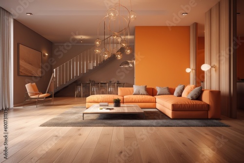 Modern cozy living room  in soothing warm colors  with modern furniture made of natural materials  with a staircase to the upper floors Generative AI