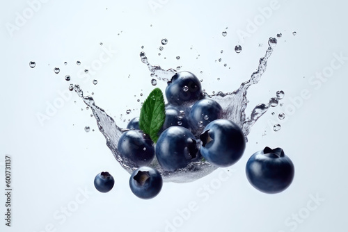 Ripe blueberries and splashes of water on a white background. AI generative.