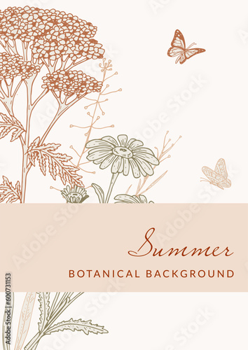 Hand drawn summer wildflowers design. Vector illustration in sketch style. Meadow flowers aesthetic background