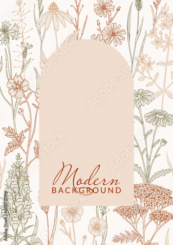 Hand drawn summer wildflowers design. Vector illustration in sketch style. Meadow flowers aesthetic background