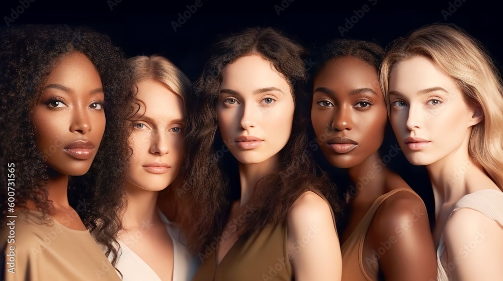 Fototapeta premium A diverse group of beautiful women with natural beauty and glowing smooth skin. Portrait of many attractive female fashion models with great skincare of all races, tones and style, Generative AI