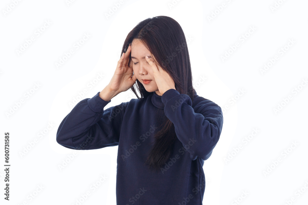 Young beautiful woman has headache isolated on white background Young beautiful woman has headache isolated on white background