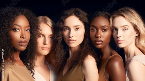 A diverse group of beautiful women with natural beauty and glowing smooth skin. Portrait of many attractive female fashion models with great skincare of all races, tones and style, Generative AI