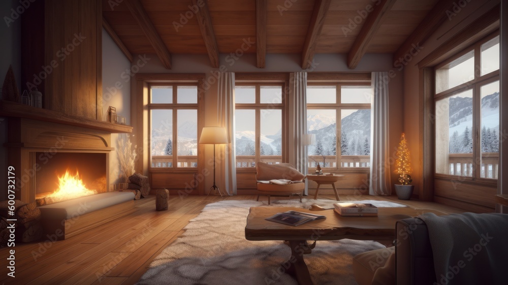 Interior of a country wooden house with a fireplace with skins on the floor. Generative AI Interior of a country wooden house with a fireplace with skins on the floor. Generative AI