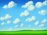 Field of green grass, clouds in the blue sky. Created by a stable diffusion neural network.