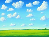 Field of green grass, clouds in the blue sky. Created by a stable diffusion neural network.