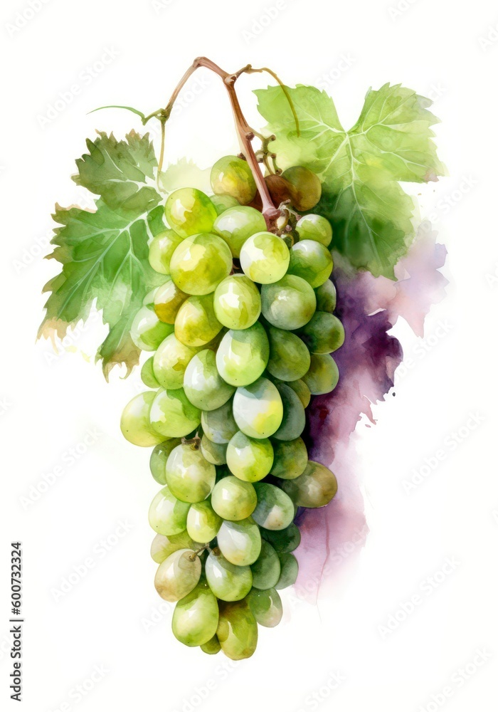 Obraz premium Watercolor illustration of a bunch with green grapes isolated on white background. Generative AI.