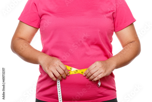 Fat woman measuring her stomach isolated on white background. Overweight, Obesity. Woman diet lifestyle concept