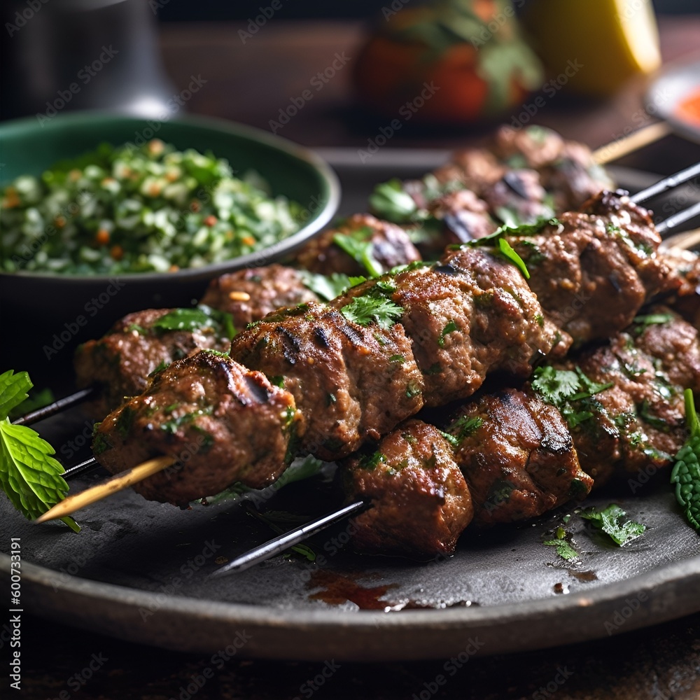 A plate of delicious and flavorful kebabs, featuring spiced ground beef or chicken, grilled to perfection and served with a side of mint chutney - Generative AI