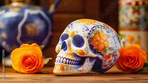 Painted human skull for Mexico's Day of the Dead, El Dia de Muertos and orange flowers on wooden table on blurred mexican interior background. Generative ai