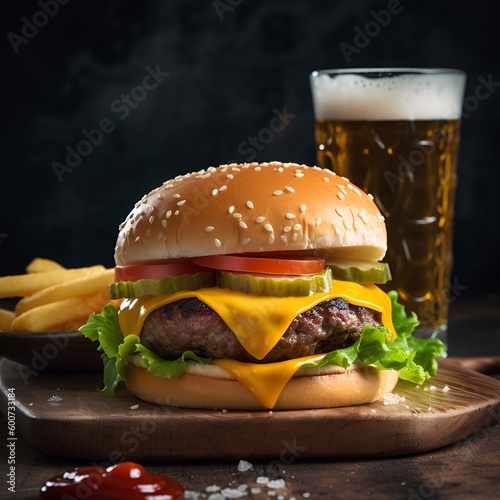A mouth-watering shot of a classic cheeseburger with fries and a soda on the side - Generative AI