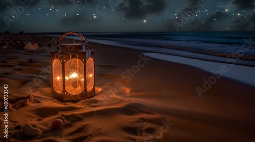 Lantern on the Beach at Night, Image Ai Generated © Zemon