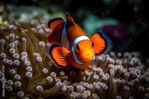 Clownfish swims above the animons on the ocean floor. Generative AI.