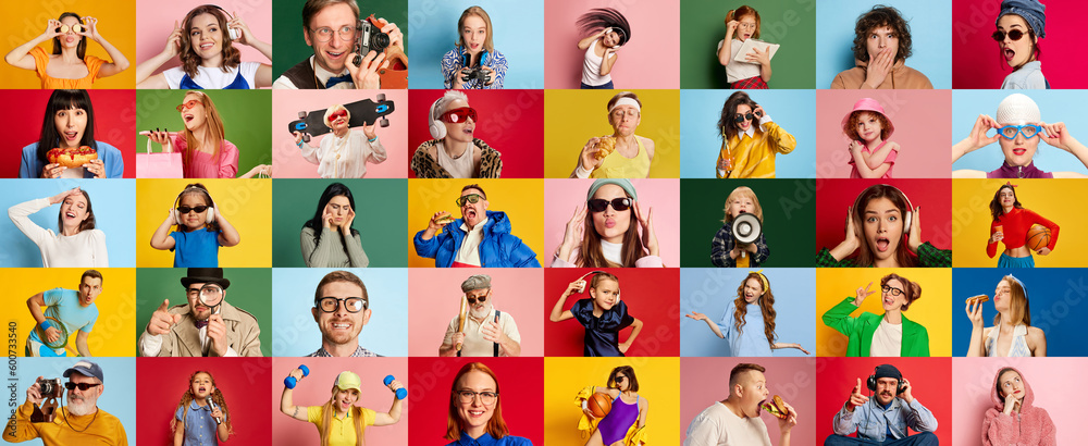 Collage made of portraits of people of different age and gender showing diversity of emotions over multicolored background. Concept of human emotions, youth, lifestyle, facial expression. Ad - obrazy, fototapety, plakaty 