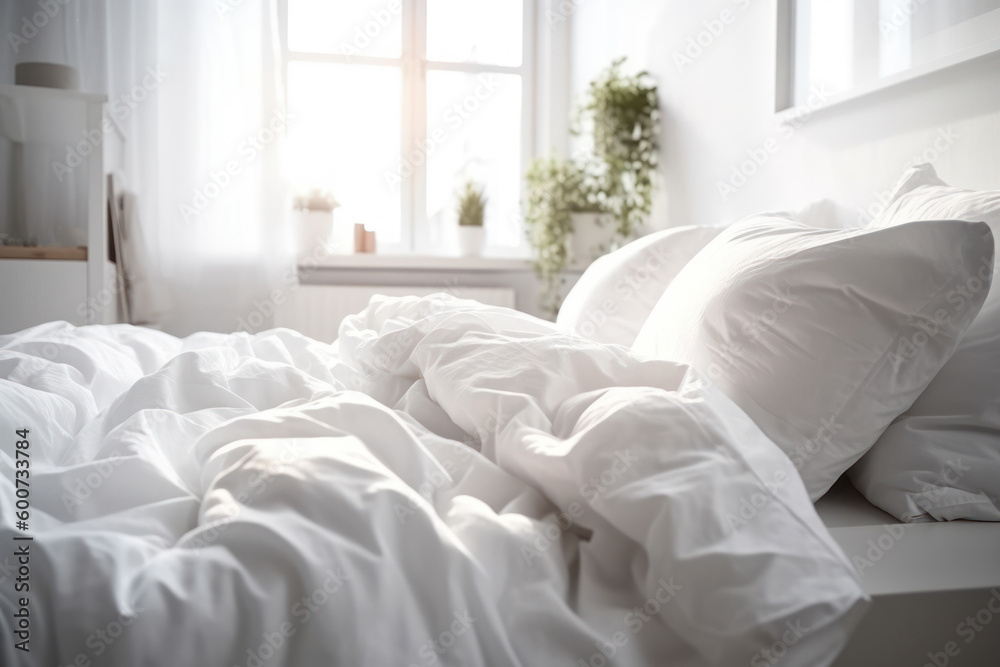 morning white bed in the bedroom illuminated by sunlight generative ai morning white bed in the bedroom illuminated by sunlight generative ai
