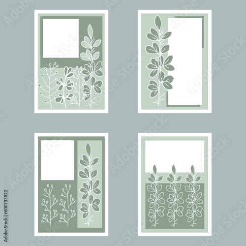 Four cards with green twigs. Hand-drawn vector illustration for wedding, invitation or greeting card. 