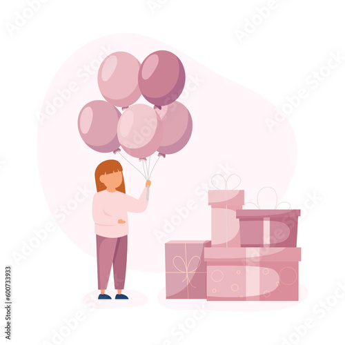 Little girl celebrate happy childrens day, holding balloons near a lot of gift boxes for birthday party