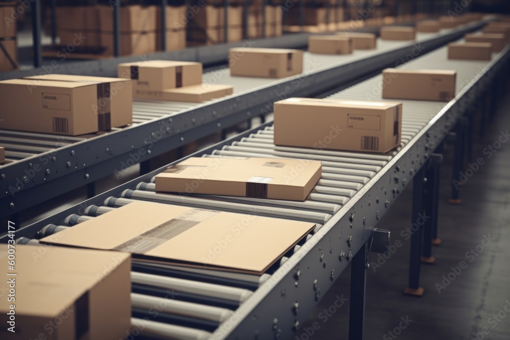 carton boxes being transported on conveyor belts in factory before delivering. Generative AI