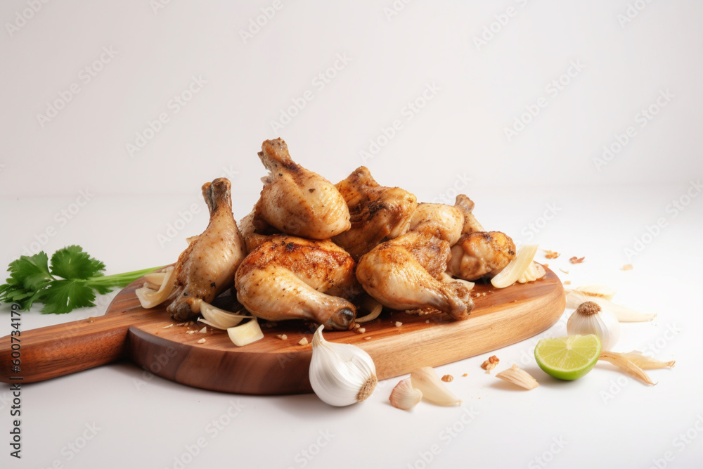 garlic onion chicken feet mexic serving on a cutting board, food on the black backgraund, generation ai garlic onion chicken feet mexic serving on a cutting board, food on the black backgraund, generation ai