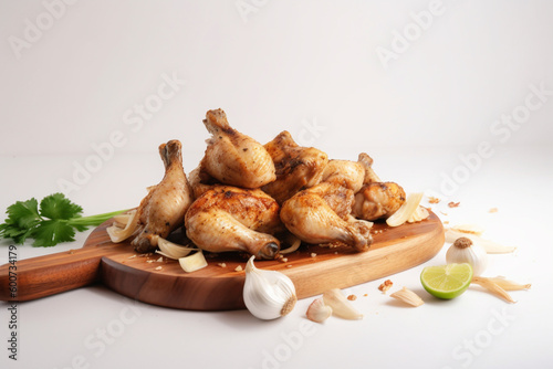  garlic onion chicken feet mexic serving on a cutting board, food on the black backgraund, generation ai