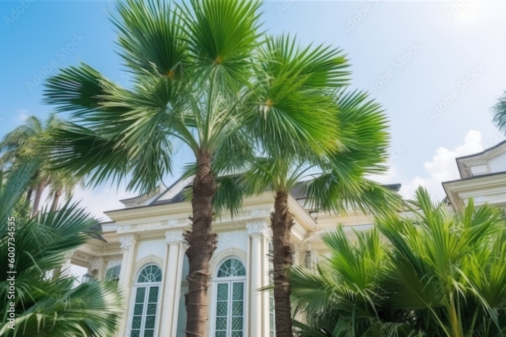palm trees in front of a house, ai generative