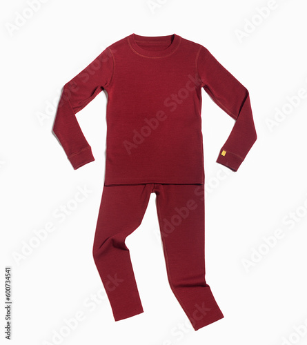 Children's warm knitted suit of burgundy color isolated on white background, pullover and leggings