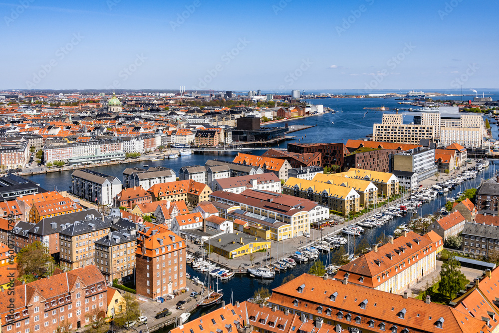 Aerial view over central Copenhagen, Denmark.